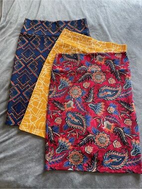LuLaRoe bundle- Mustard Yellow Geometric, Red Floral, and Navy Blue Bold pattern